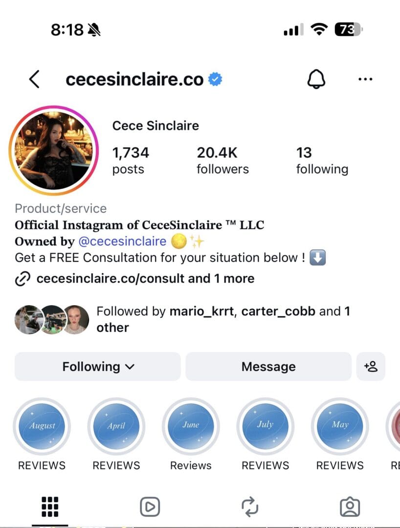 Instagram profile screenshot showing verified badge and highlights