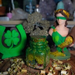 Green jar with herbs, blindfolded figurine